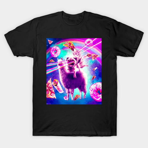 Laser Eyes Space Cat Riding Pug, Llama  - Rainbow T-Shirt by Random Galaxy